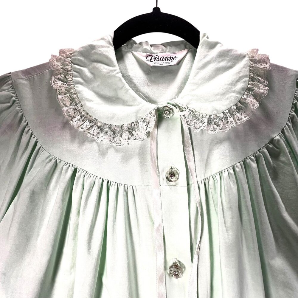 Vtg Lisanne Mint Green Button Down Housecoat Robe Lace Collar Pockets Cotton SS - Picture 7 of 16